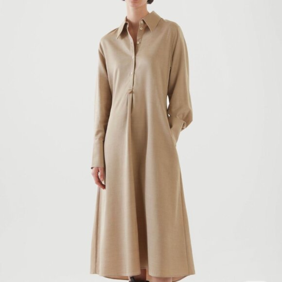 COS Minimalist Neutral Wool Blend Oversized Long Sleeve Midi Shirt Dress Size 12 - Picture 1 of 14